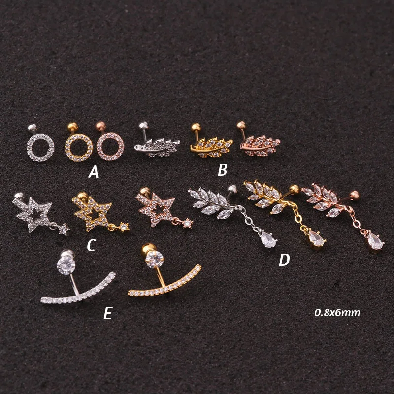 1Pc Newest Tree Star Zircon Pendant CZ dangle ear piercing jewelry steel barbell Daith earrings helix cartilage studs