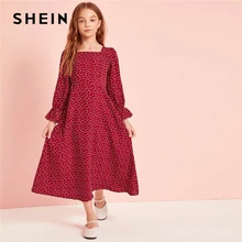 SHEIN Kiddie/бургундское длинное милое платье с квадратным вырезом и принтом в виде сердца г. Осеннее расклешенное платье макси на молнии сзади, рукав-Волан