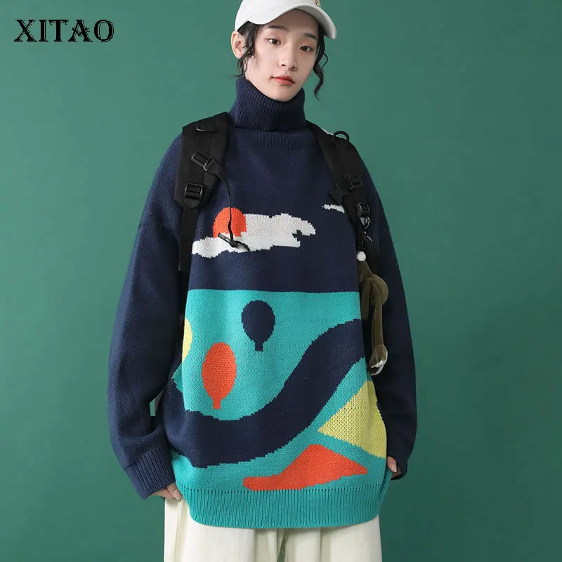 

XITAO Pattern Knitted Sweater Fashion Turtleneck Plus Size Loose Pullover Elegant Small Fresh Minority Loose Sweater XJ3042