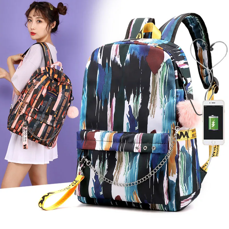 

2020 New Canvas Backpack Casual Unisex Korean Middle School Student Schoolbag Trend Computer Backpack Stitching Color Graffiti