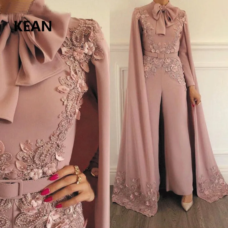Розовые мусульманские Вечерние платья Длинные рукава Аппликации комбинезоны куртка ислам Дубаи кафтан Саудовская арабское вечернее платье для выпускного вечера