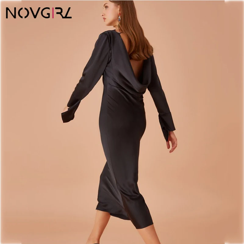 Novgirl Элегантное Атласное длинное платье с длинным рукавом для женщин Осенние сексуальные вечерние платья макси с открытой спиной свободные облегающие платья