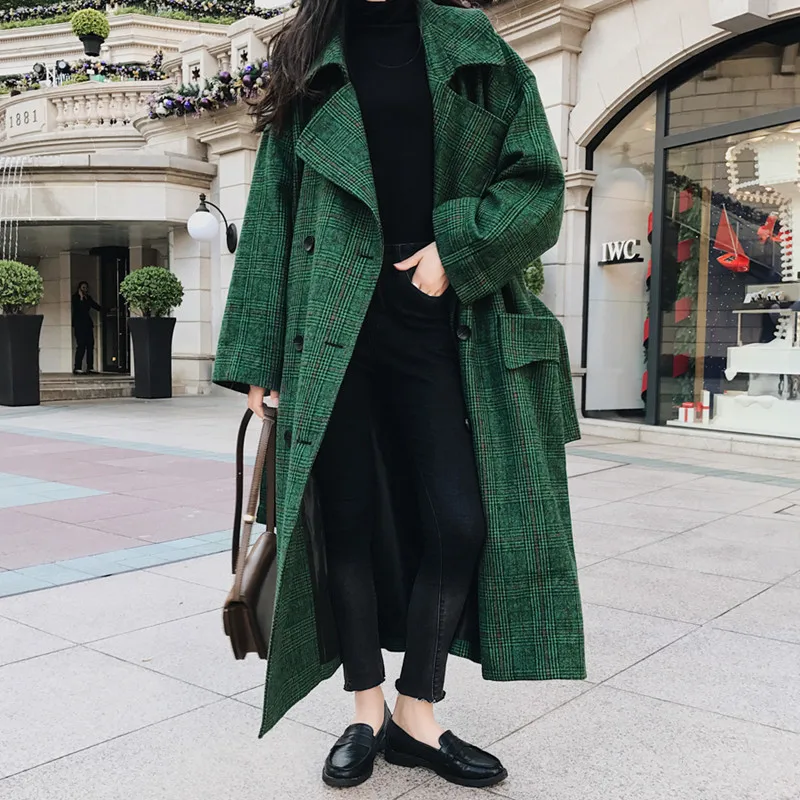 

U-SWEAR Fashion Autumn Double Breasted Notech Casual Loose Big Size Long Type Green Plaid Women Woolen Coats Manteau Femme
