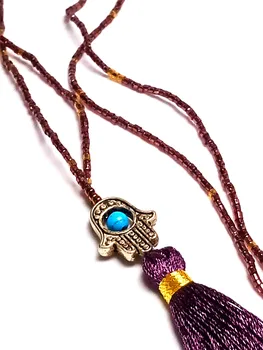 

LETSFUN Handmade Cotton Tassel Purple Crystal Beads Hamasa Hand Long Necklace