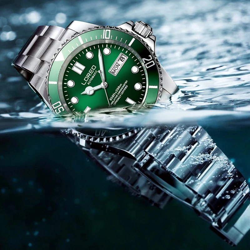 Модные часы для дайвинга 200 м водонепроницаемые механические LOREO Water Ghost Green Sapphire