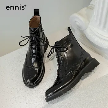 

ENNIS Genuine Leather Martin Boots Woman Brogue Boots Zipper Black Patent Ankle Boots With Laces Autumn Winter Flat Shoes A0154