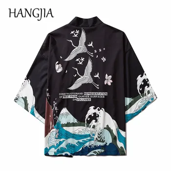 

Japanese Kimono Cardigan Men Summer Harajuku Ukiyo E Koi Crap Kimono Jacket Women Japan 3/4 Sleeve Beach Outwear Thin Chiffon