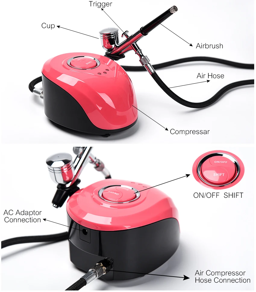 Airbrush da Arma de Pulverizador da Dupla Ação com Jogo do Aerógrafo do Bocal do Compressor Carro do Aerógrafo do Prego 0.4mm para a Pintura do Modelo Bolo 0.2mm 0.3mm - 5 do compressor 0.2mm 0.3mm 0.4mm para a