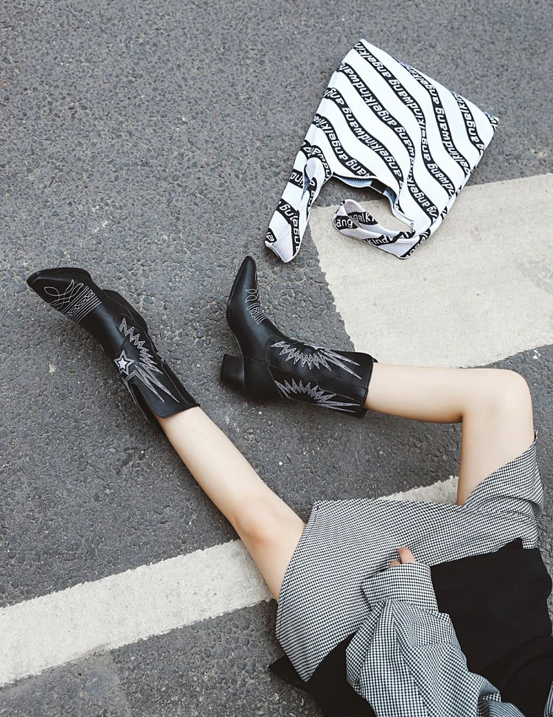 high heel 12 44 mid calf black big size cowgirl pointed toe women plus chunky shoes embroidered embroidery western boots cowboy