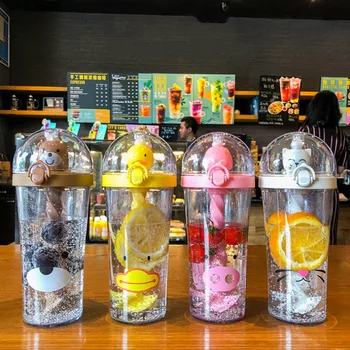 

Animal Straw Water Bottle Cartoon Duck Drinking Mixing Cups Portable Travel Sports Tea Cup 500ml Plastic Stirring Shaker Bottles