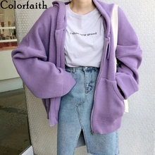 Colorfaith женские Свитера Осень Зима длинные кардиганы на молнии с капюшоном с v-образным вырезом карманы модные повседневные однотонные свободные топы SW7564