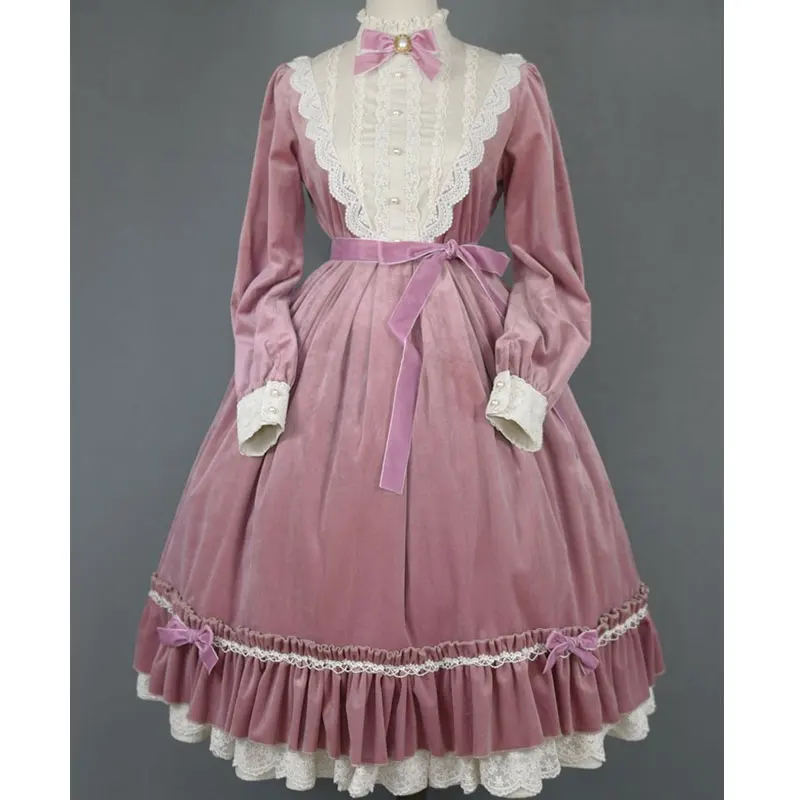 Роза леди~ Винтаж с длинным рукавом бархатное платье ретро вечернее платье Лолита Miss Point