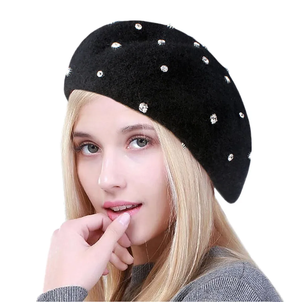 

Fashion Elegant Lady Women Beret Beanie Classic Style Wool Felt Rhineston Beret Hat Keep Warm Winter Soft Solid Color Beret Hat