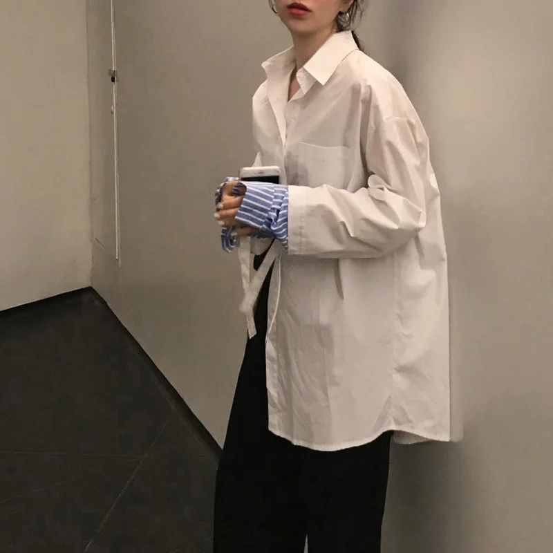 

2020 Spring And Autumn New Korean Stitching Striped Cuffs Streamers Long Sleeve Shirt Fashion Casual Solid Color Jacket
