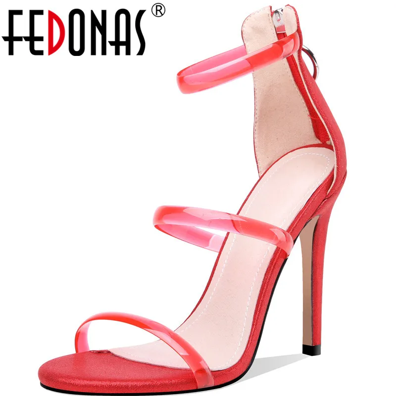 

FEDONAS Sexy Summer Fashion Slip On Party Women Open Toes Sandals Crystal Supper High Heeled Back Zipper New 2020 Shoes Woman