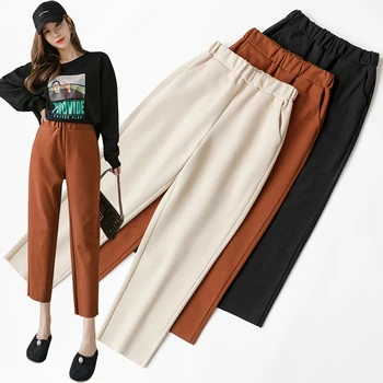 

2019 New Autumn Winter Pants Loose Women Woolen Harem Pants Pocket Elastic Waist Long Trousers Oversized Black Pantalon