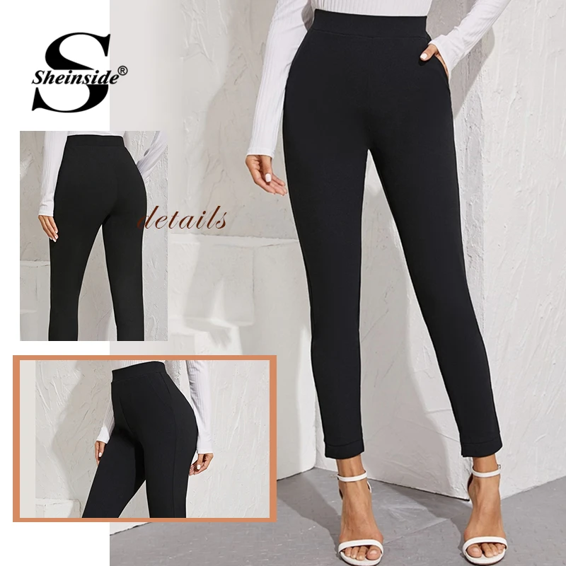 Sheinside Elegant Black Elastic Waist Pants Women Autumn High Waist Split Hem Crop Trousers Ladies Slant Pocket Pants