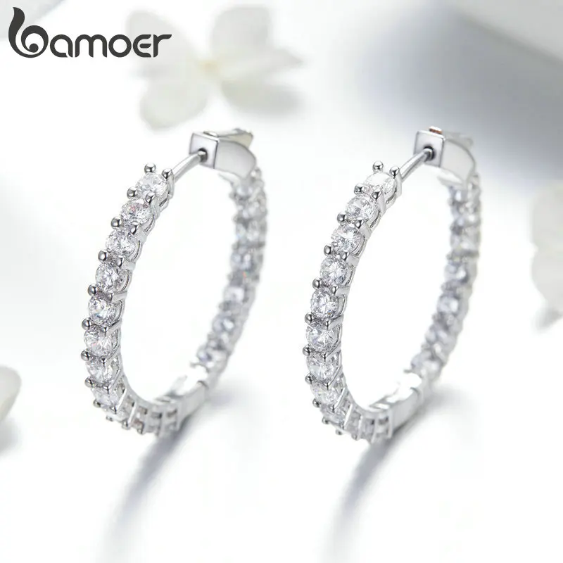 BAMOER Classic New Silver Color Round Circle Luminous Cubic Zirconia Stud Earrings for Women Hyperbole Earrings Jewelry YIE138 - Image 3