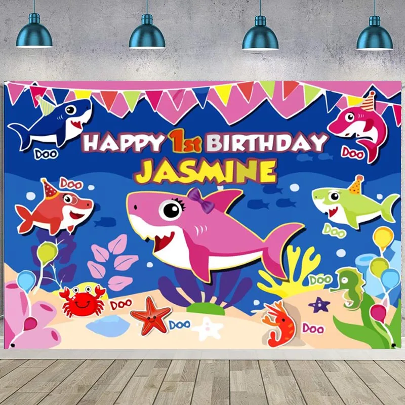 Custom Pink Shark Photography Fondale Baby Shower Girls Happy Birthday Party Photo Background Photocall Prop Decoration Banner