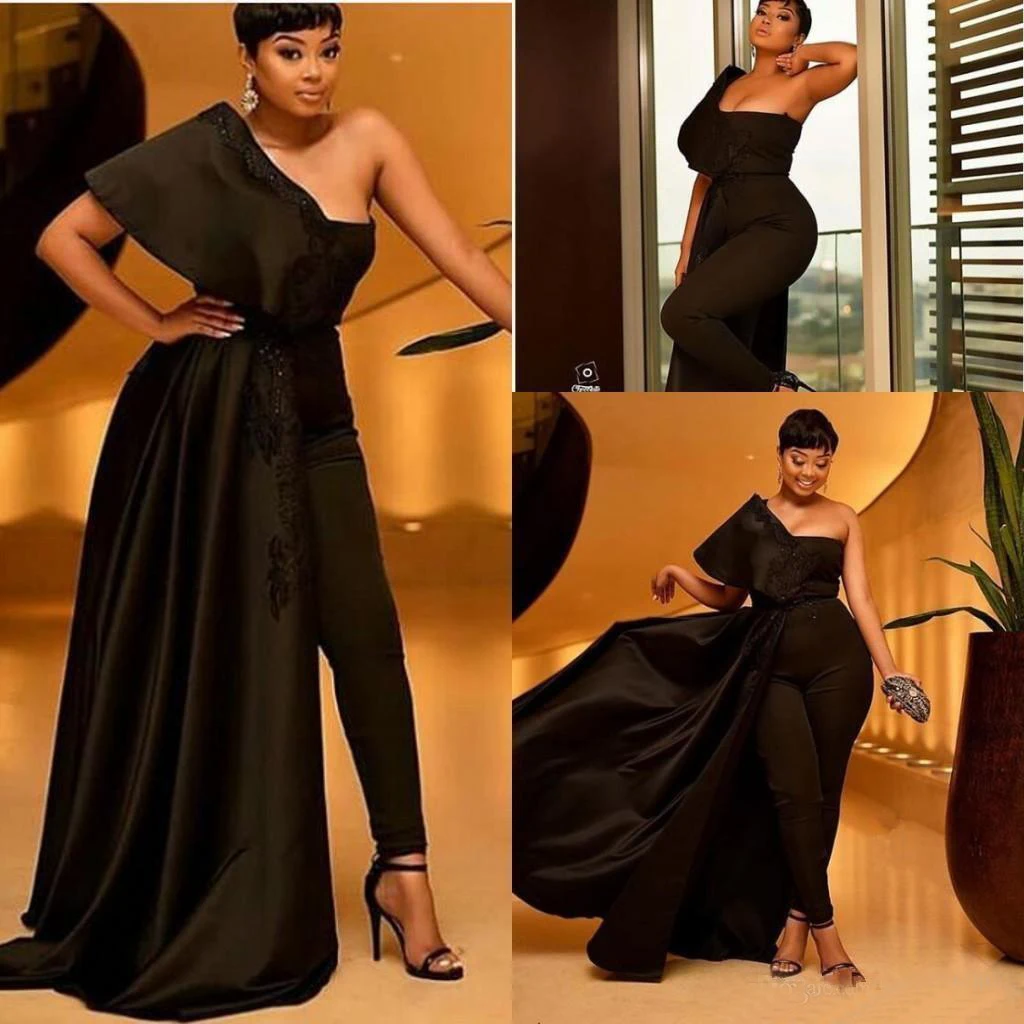 

Black Jumpsuit Prom Dresses Appliques Sequins One Shoulder Overskirts African Party Evening robe soirée femme with Pant Suits