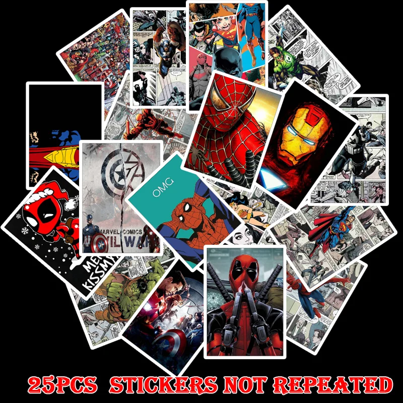 

25 pcs/Pack Marvel Stickers Super Hero Ironman Batman Spiderman Anime DC Stickers for Luggage Laptop Decal Waterproof Stickers
