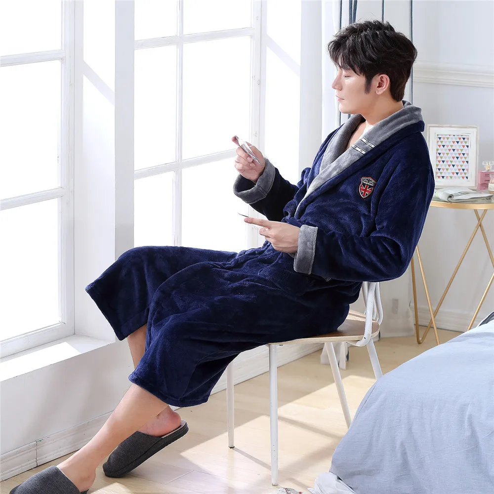 Кимоно платье Мужская домашняя одежда с длинным рукавом неглиже Осень Зима Ночная рубашка темно-синий фланелевый Домашняя одежда ремень пижамы халат