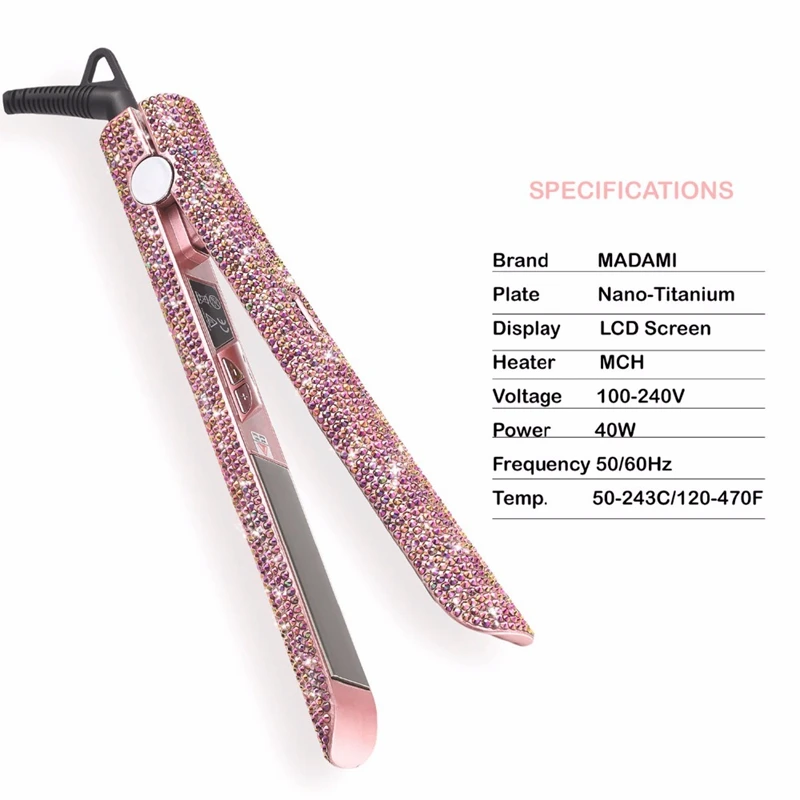 Rose Gold Hand Made Sparkling Crystal Diamond Rhinestone Lcd Digital Display Flat Iron Crystal Gems Titanium Hair Straightener