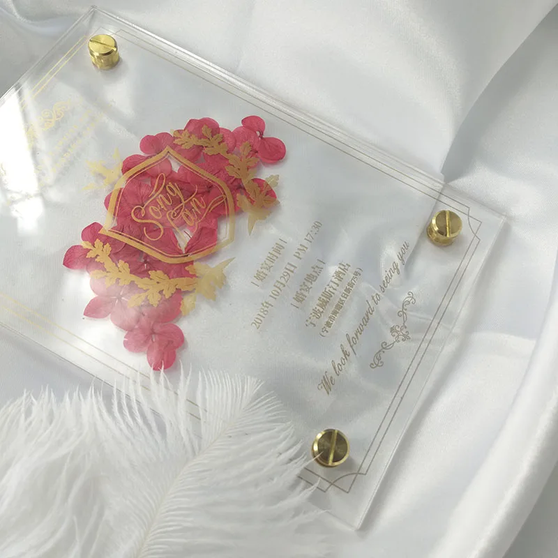 Подгонянные прозрачные вечные цветы акриловая сетка красное приглашение горячее тиснение Свадебное приглашение креативное деловое приглашение