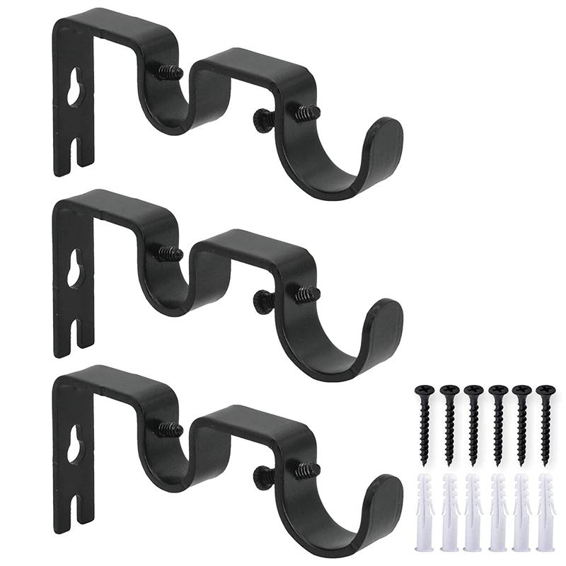 

3Pcs/Set Curtain Rod Brackets Heavy Duty Double Rod Holders Durable Metal Curtain Rod Wall Brackets with Screw Black