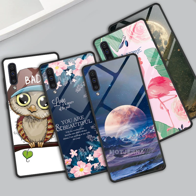 Glass Case For Samsung Galaxy A50 A 50 50A Case Glass Painted Cases For A50 Case Cover Fundas Moon Space Luxury Pattern Shell