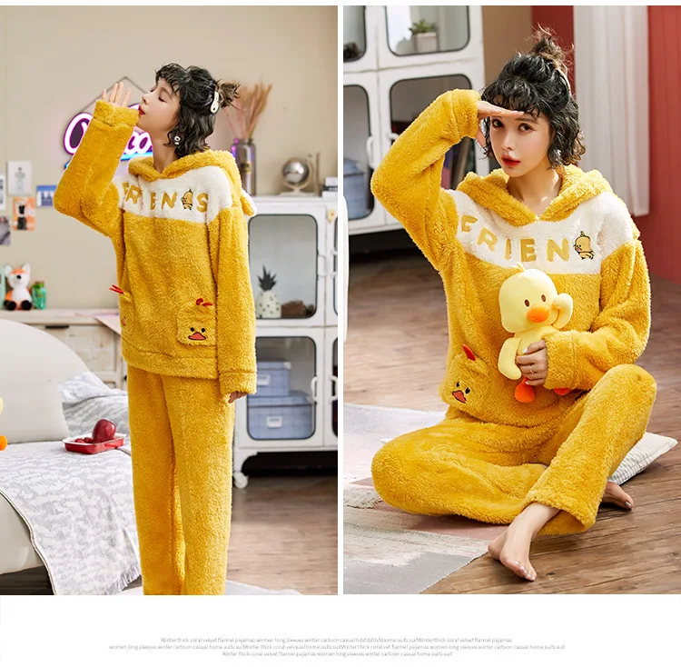 Autumn Winter Womens Pajama Set Thickened Flannel Pajamas Sets Long Sleeve Cartoon Sleepwear Home Wear for Girls Pj Set Pyjams