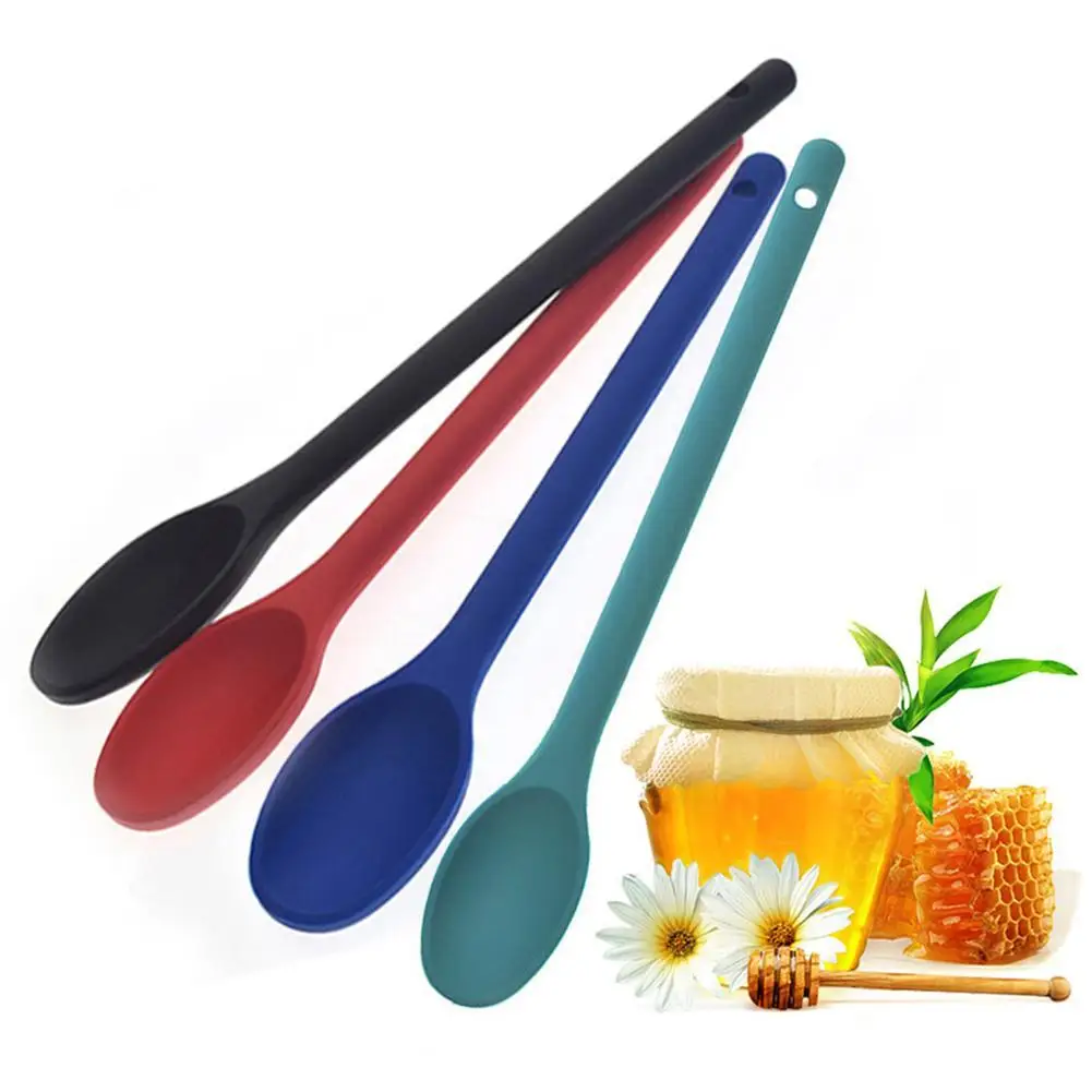 2 Pcs Spoon Long Handle Black Red Blue Green Teaspoons Silicone Salad