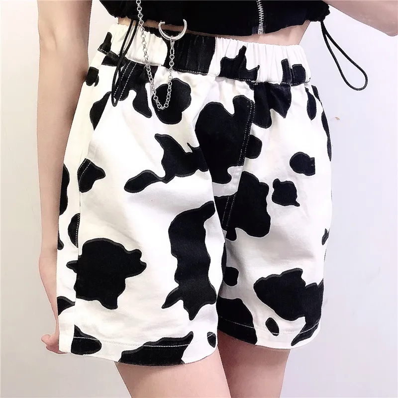 GOTH GIRL Streetwear Punk Shorts Female Harajuku Retro Black White Cow Print High Waist Loose Straight Short Women Fashion