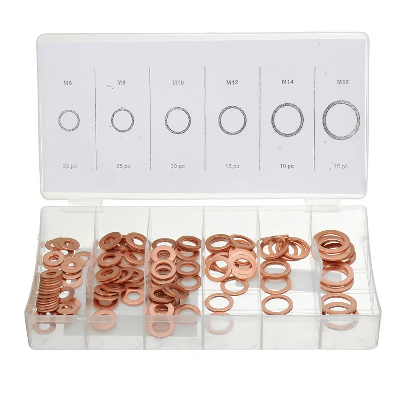 Solid Copper Round Washers Seals Sealing Flat O-Ring Gaskets Assorted With Box 