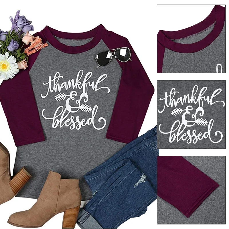 

Fit 3/4 Sleeve Women Tshirt Autumn Christian T-Shirt Letter Printing Cotton Print Merry Christmas O-Neck Tops & T-Shirts