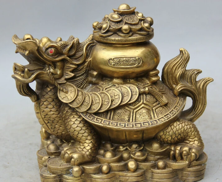 9&quot Chinese Brass Dragon Turtle Tortoise Animal treasure bowl Wealth Rich Statue | Дом и сад