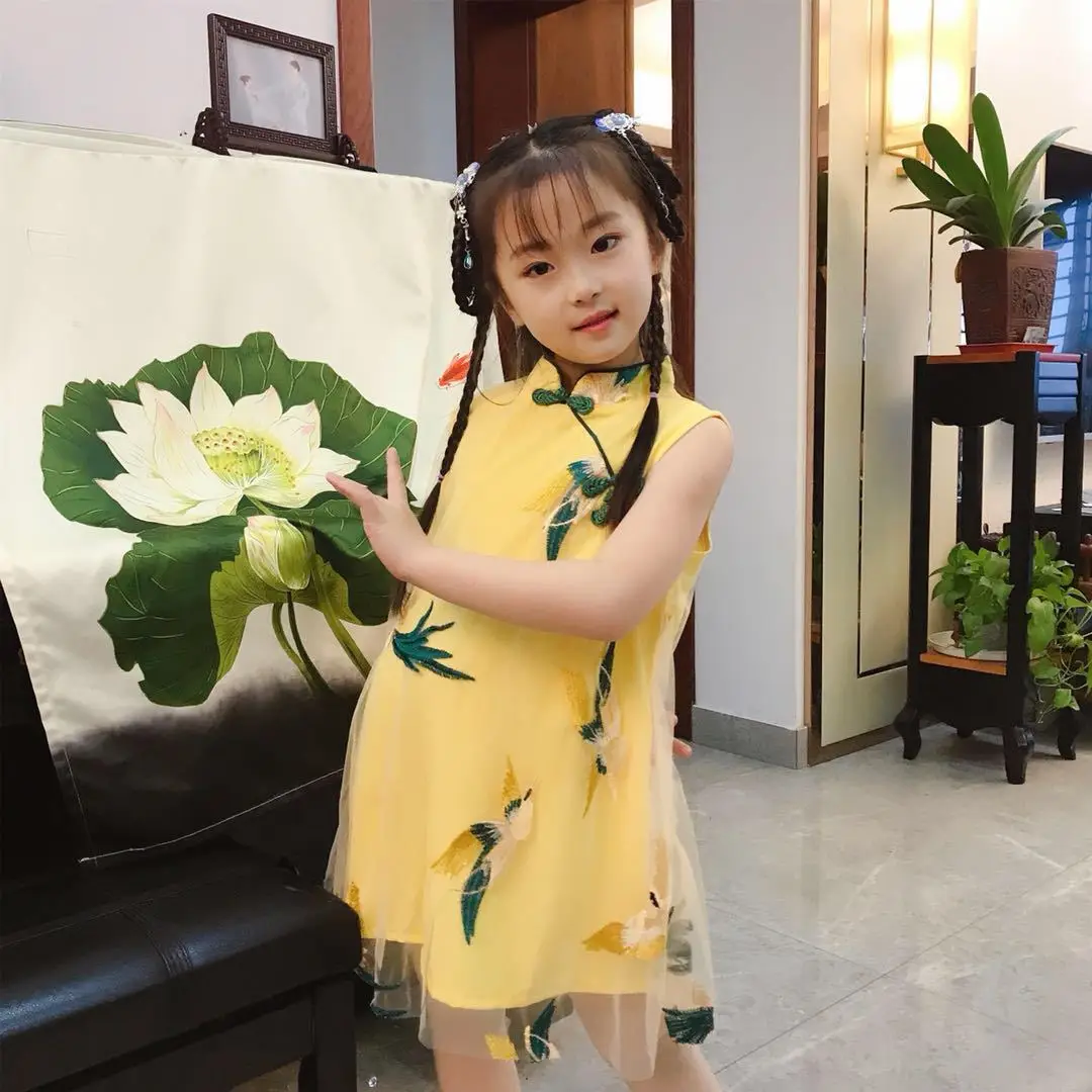 Для девочек футболка с коротким рукавом Cheongsam платье с Фениксом летняя одежда новые летние Стиль Big Boy китайско-Стиль юбка Национальный стиль