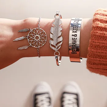 

3 Pcs/set New 2020 Vintage Mesh Feather Shape Bracelet Set for Women Geometric Hollow Out Letter Bracelets Female Jewelry
