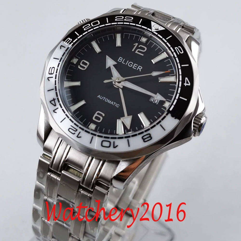 

BLIGER Design Brand Luxury Watch Automatic Black Watch GMT Stainless Steel Business Sapphire Glass Mechanical Wristwatch