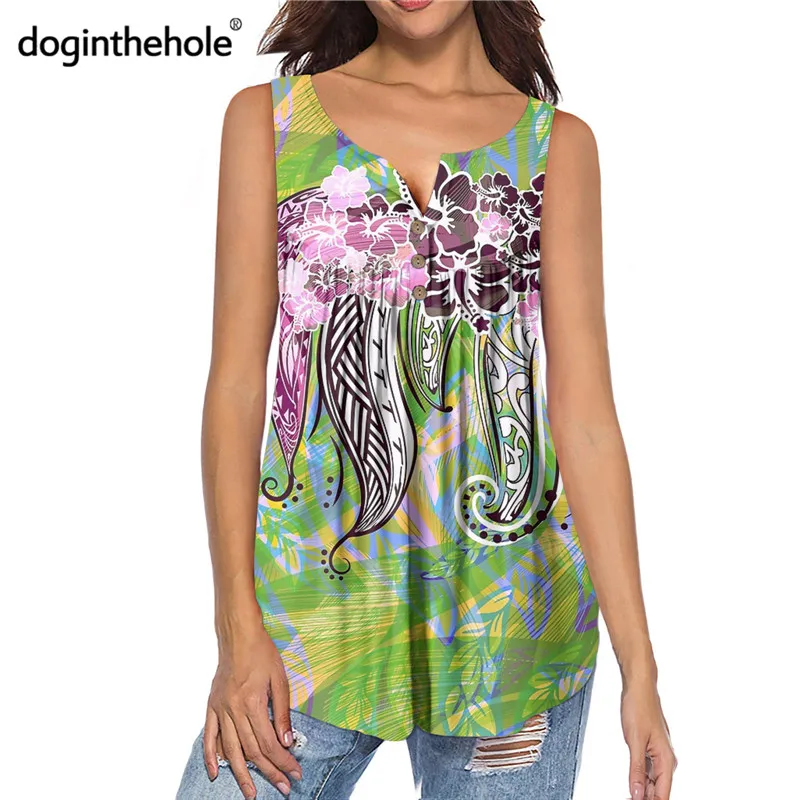 

Doginthehole Hawaiian Hibiscus Print Women Sleeveless Henley Tops Vintage Polynesian Spring Tribal Pattern Plus Size Blouse