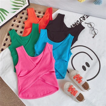 

Summer girls vest Baby strap tee shirt kids hot tops Children streetwear clothes fashion back cropped hollow out 3 to 12 yrs