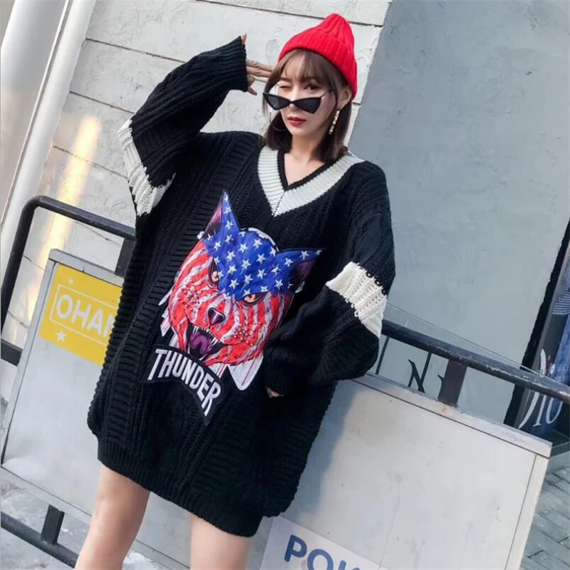 Забавный свитер с принтом головы волка для женщин Harajuku толстый длинный пуловер Tide бренд осень длинный рукав Свободный Вязаный Свитер оверсайз