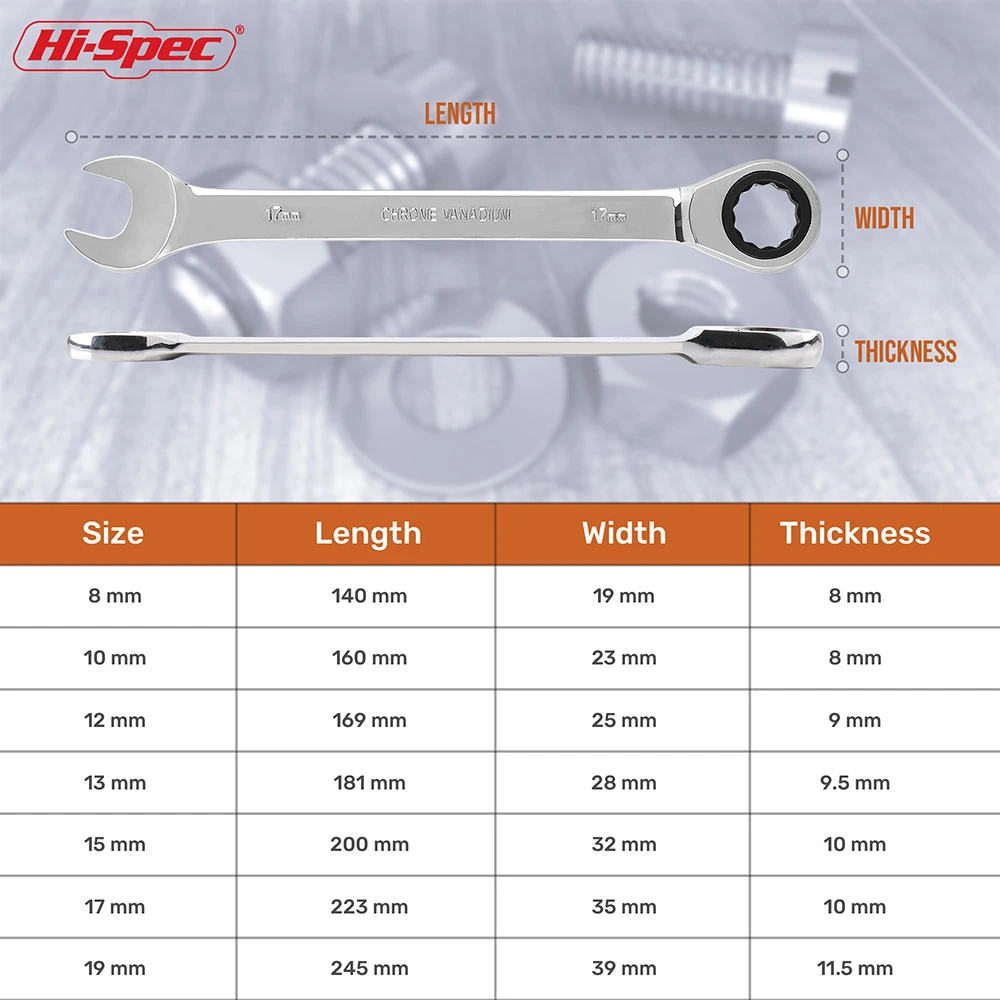 Hi-Spec, 7 шт., набор гаечных ключей с трещоткой, 8, 10, 12, 13, 15, 17, 19 мм, набор гаечных ключей с высоким крутящим моментом, набор ключей, гаечный ключ с зубчатым кольцом, WR009