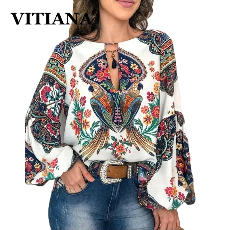 VITIANA винтажная блузка для женщин осень лето 2019 женская Свободная рубашка с