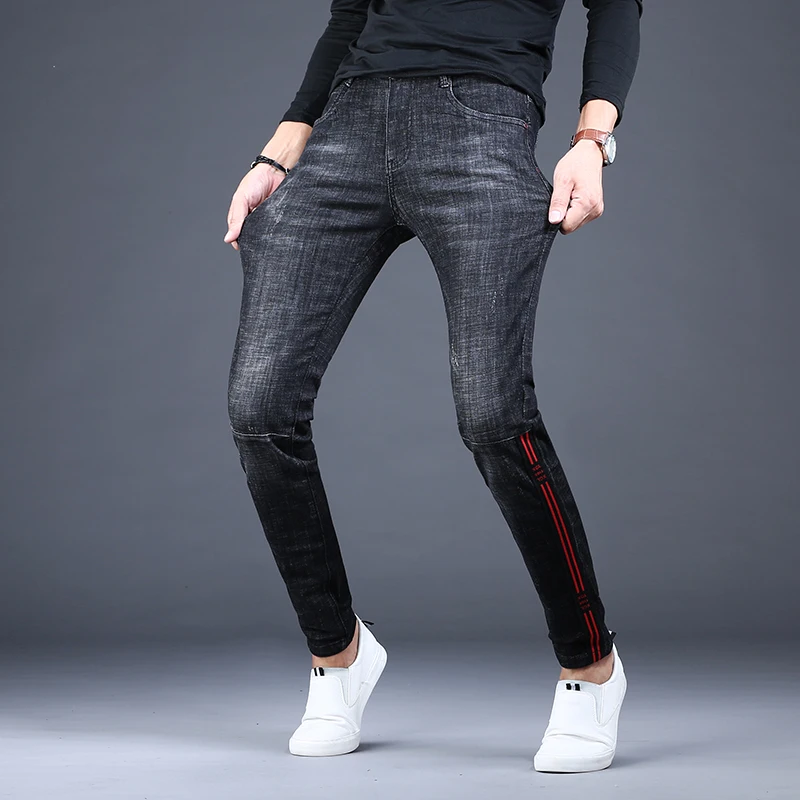 Men Black Jeans Fashion Side Stripe Slim Fit Pencil Pants Korean Style Casual Stretch Denim Trousers