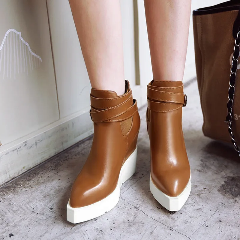 

US4-11 Womens Pointed Toe Ankle Boots Pull On Belt Buckle Wedge Super High Heel Platform Motorcycle Shoes 3Colors Plus Size