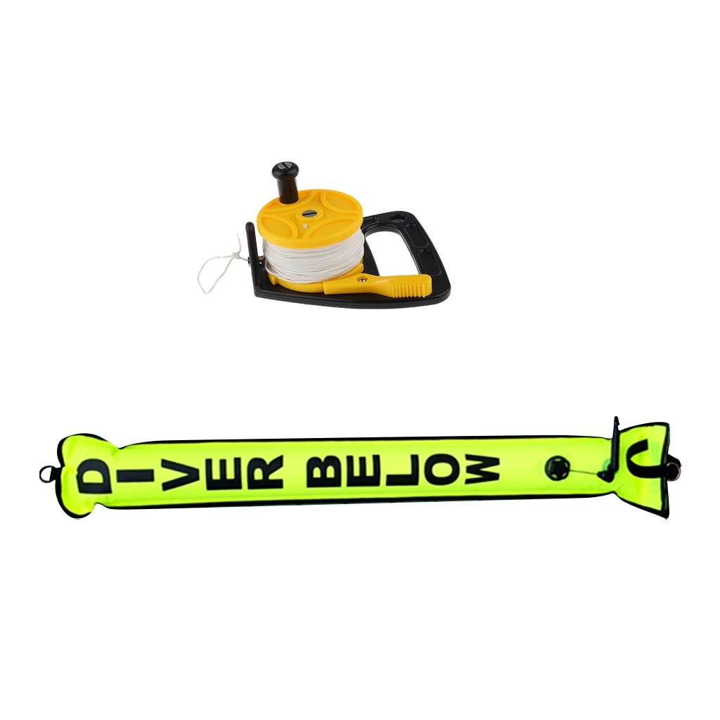 4 Foot Scuba Diving Snorkeling '' Diver Below'' SMB Surface Marker Buoy Safety Sausage Float & Dive Reel Finger Spool Accessori