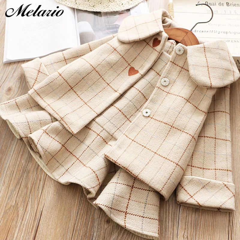 Melario/ г. Модный комплект одежды из 2 предметов для маленьких девочек, пальто плиссированное платье весенне-зимний модный детский костюм клетчатая одежда