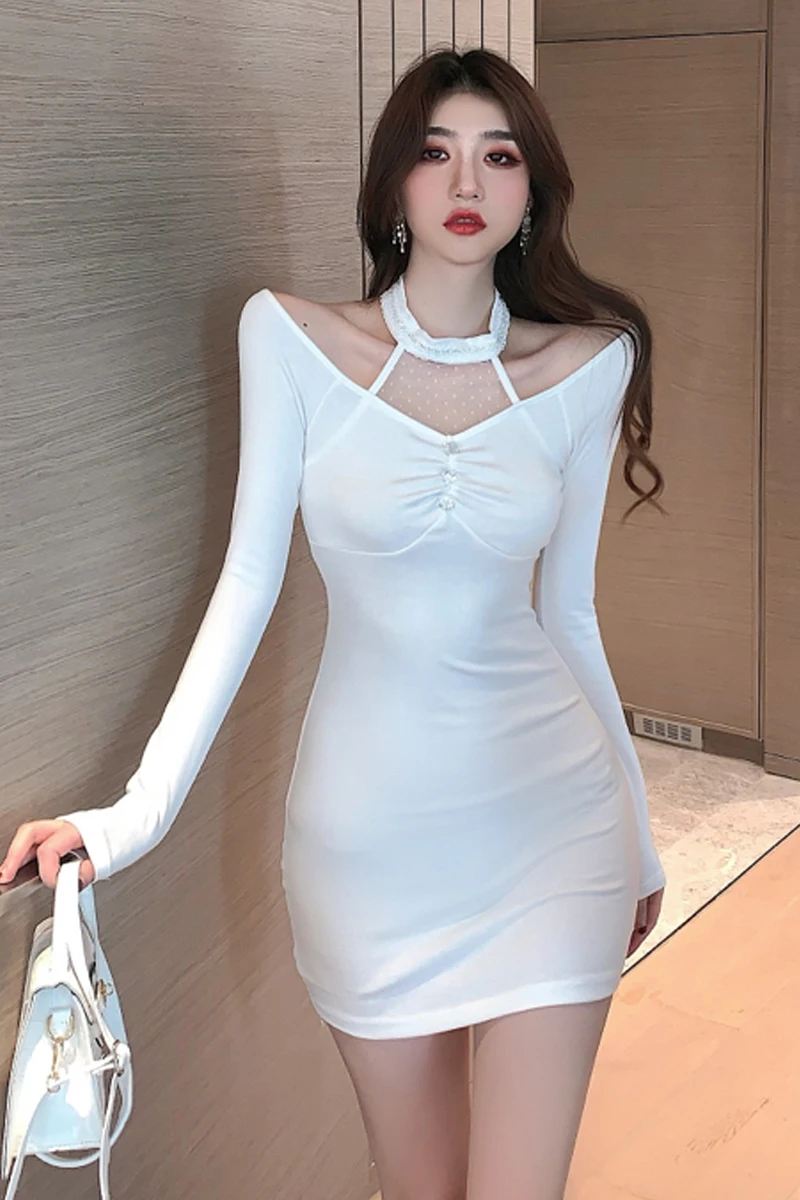 Halter V-neck Sexy Dress for Sex Night Tight Dress 2021 Spring Summer New Korean Fashion Style Niche Base Narrow Short Women