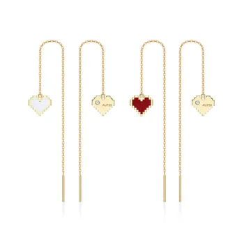 

Fashion 925 Sterling Silver Yellow Gold Color Pixelove Ear Line with White Red Love Heart Long Drop Earrings for Women